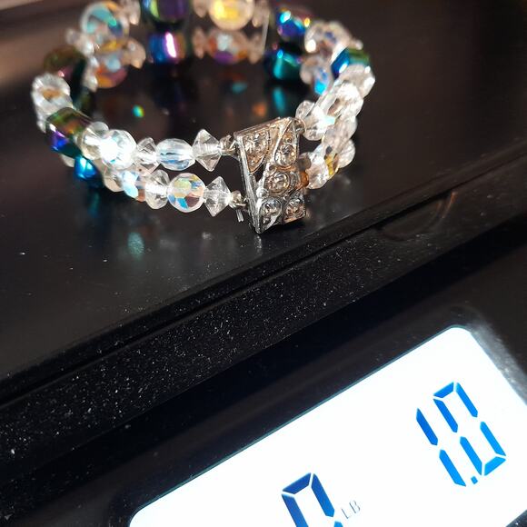 Vintage 1960s AB Crystal Beaded Bracelet, Double Strand, Iridescent Austrian, 7" - Picture 13 of 13